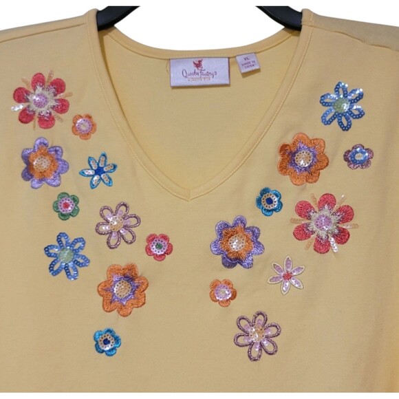 Quacker Factory Womens Beaded Embroidered Floral Blouse Yellow XL - Picture 2 of 5